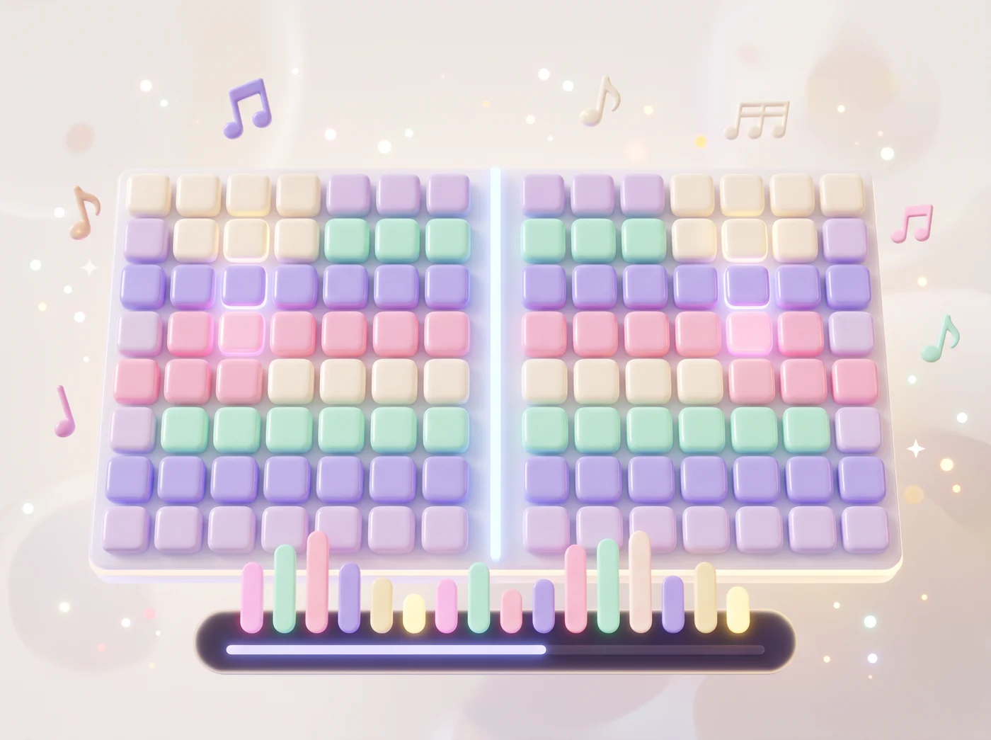 Two mirrored halves of a pastel tile board with an equalizer